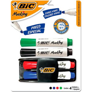 Kit 4 Marcadores de Quadro Branco BIC Marking Cores Clássicas + 1 Apagador, Ponta Resistente, Apaga Fácil, 970929