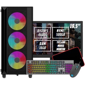 Computador Líder Gamer, Amd Ryzen 5 4600G, 16GB DDR4, Ssd 480GB, Radeon Vega 7 Graphics, Monitor 19, Kit GAMER RGB